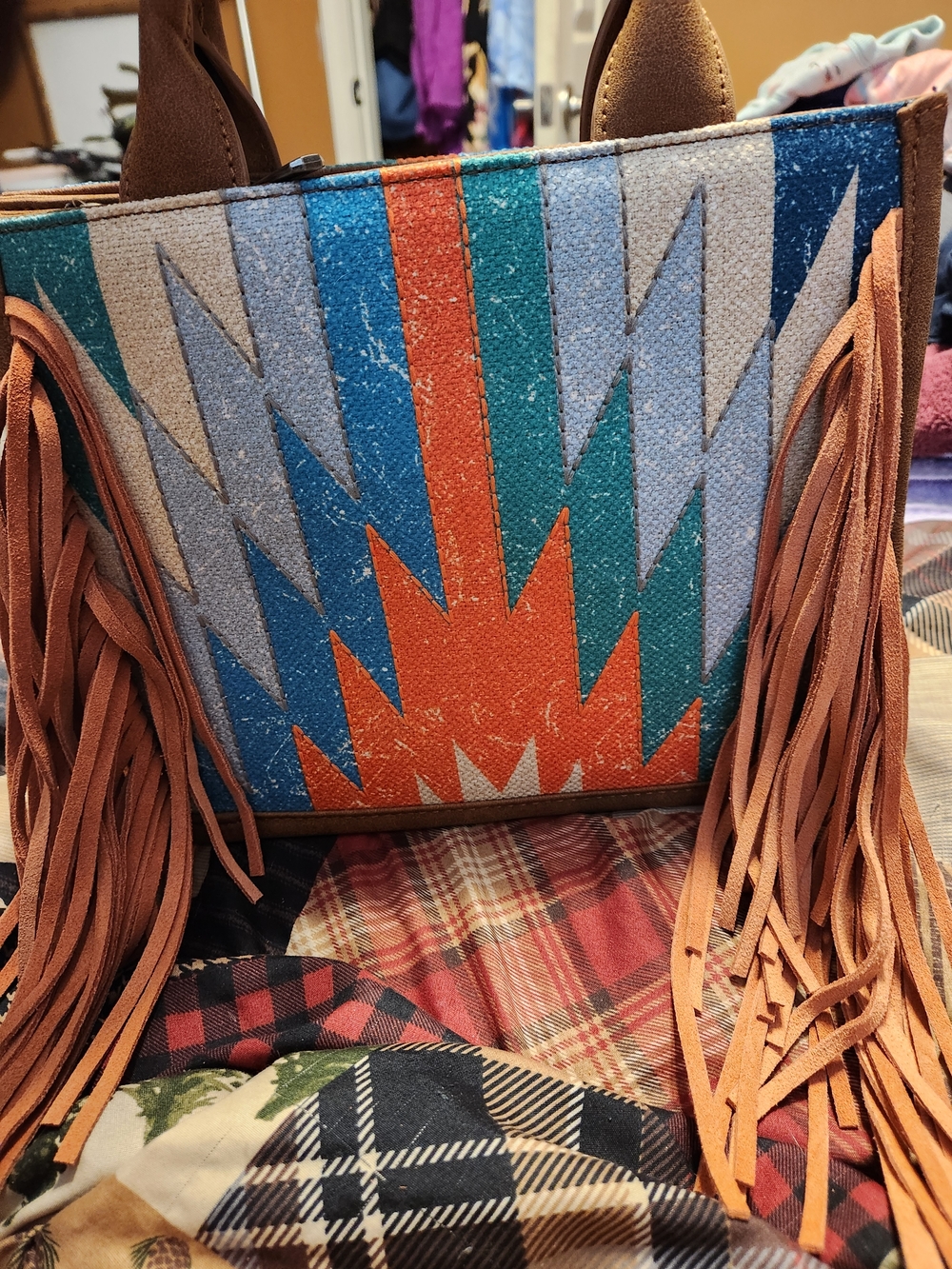 Montana West Turquoise, Orange & Tan Aztec Fringe Tote - Picture 3 of 8